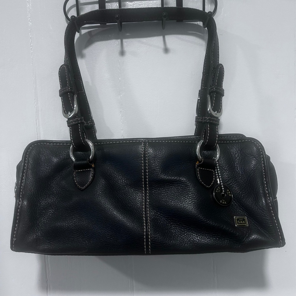 The Sak Black Leather Shoulder Bag Contrast Stitch Baguette Purse Vintage